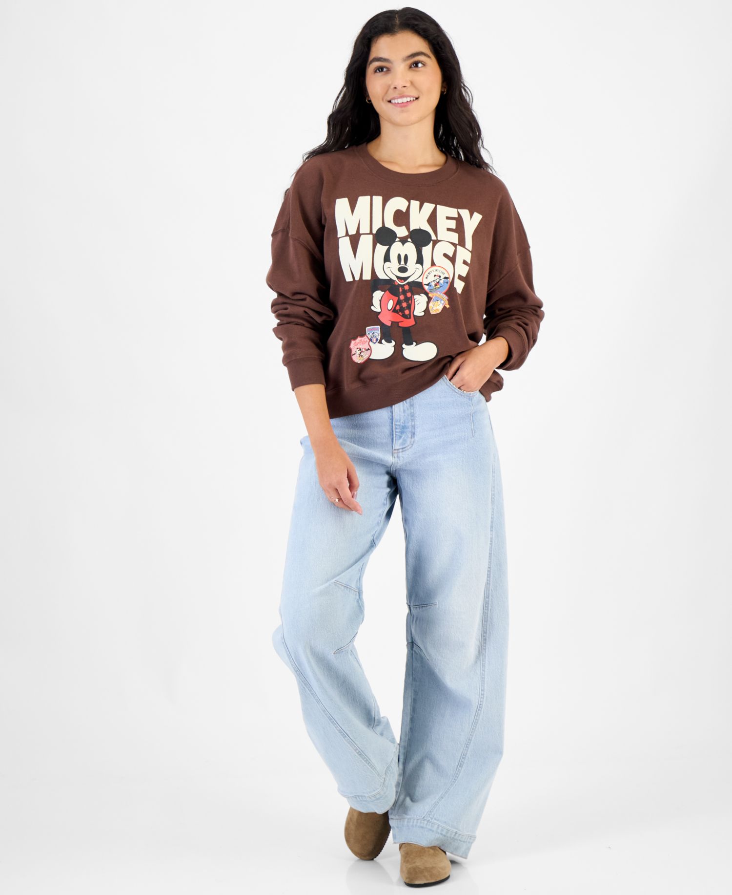 Juniors' Mickey Scarf Patch Graphic Fleece Pullover