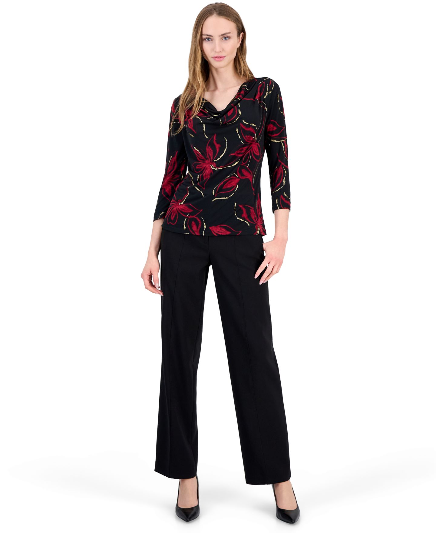 Женская блузка Anne Klein Floral-Print 3/4-Sleeve Cowl Neck, цвет: Чёрный разноцветный — фото 2