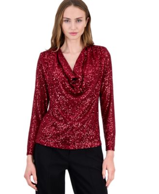 Women's Sequin Long Sleeve Cowl Neck Blouse