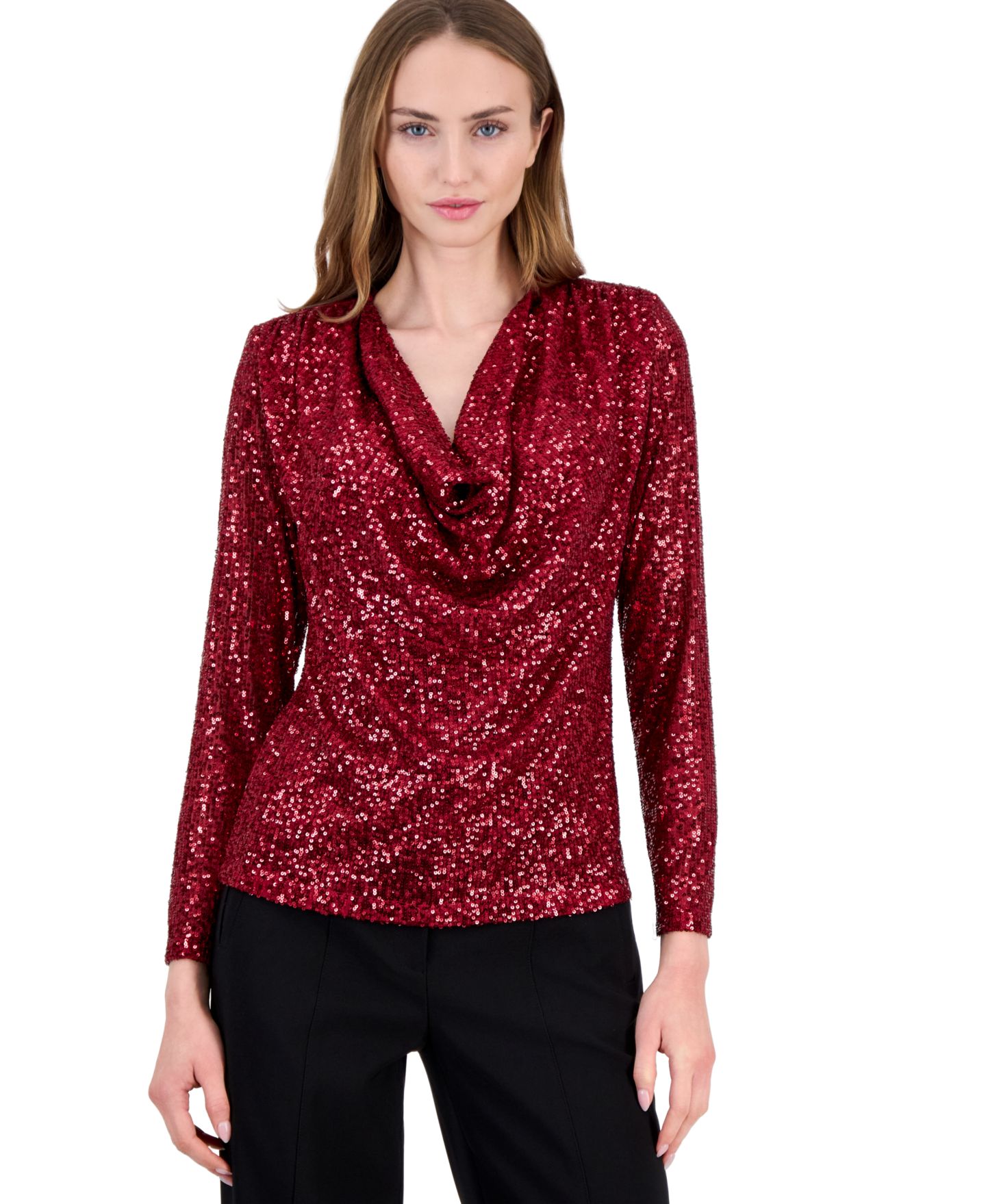 Женская блузка Anne Klein Sequin Long Sleeve Cowl Neck, цвет: Красный — фото 1