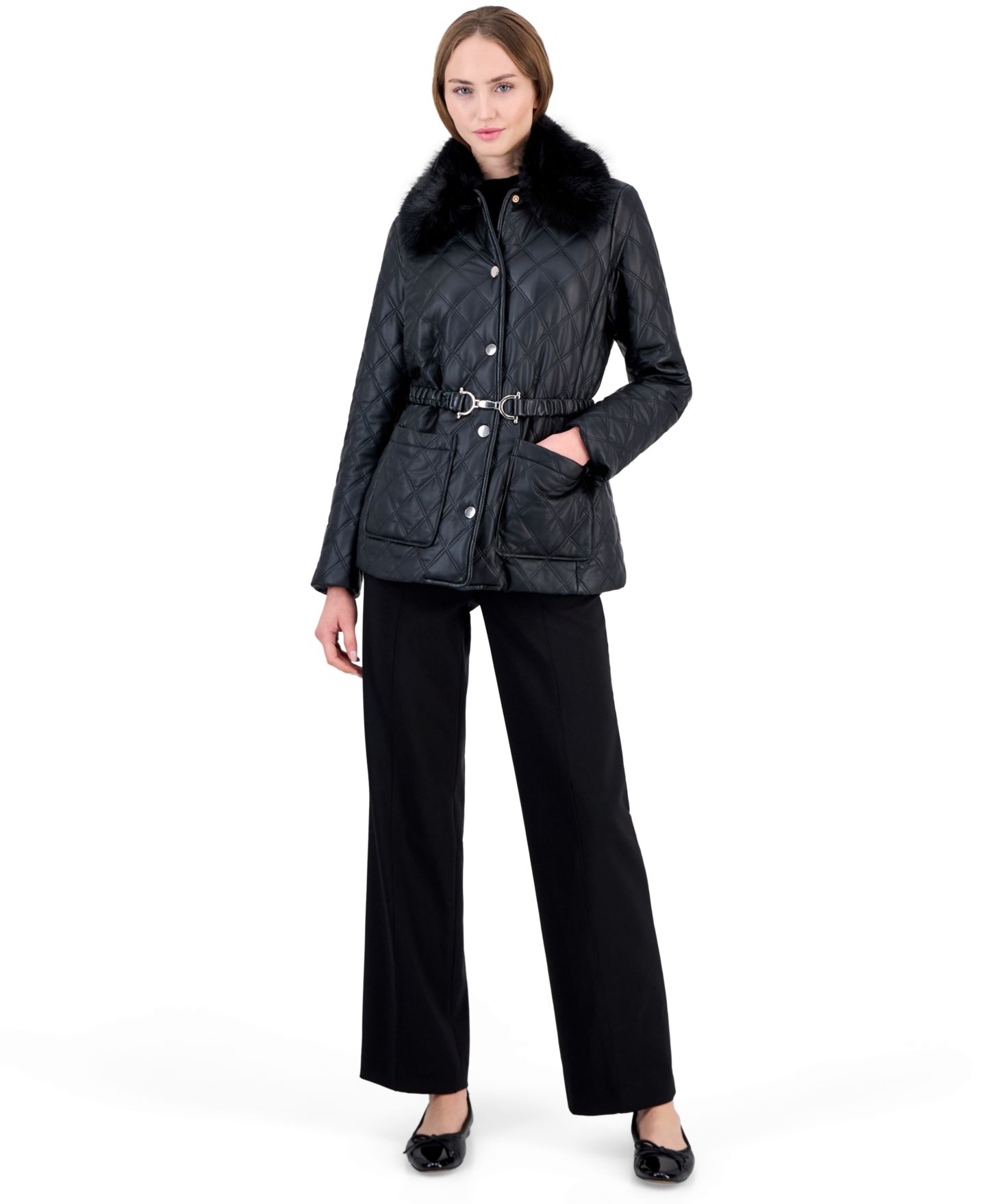 Женская куртка Anne Klein Petite Belted Double-Diamond-Quilted, цвет: Чёрный — фото 2