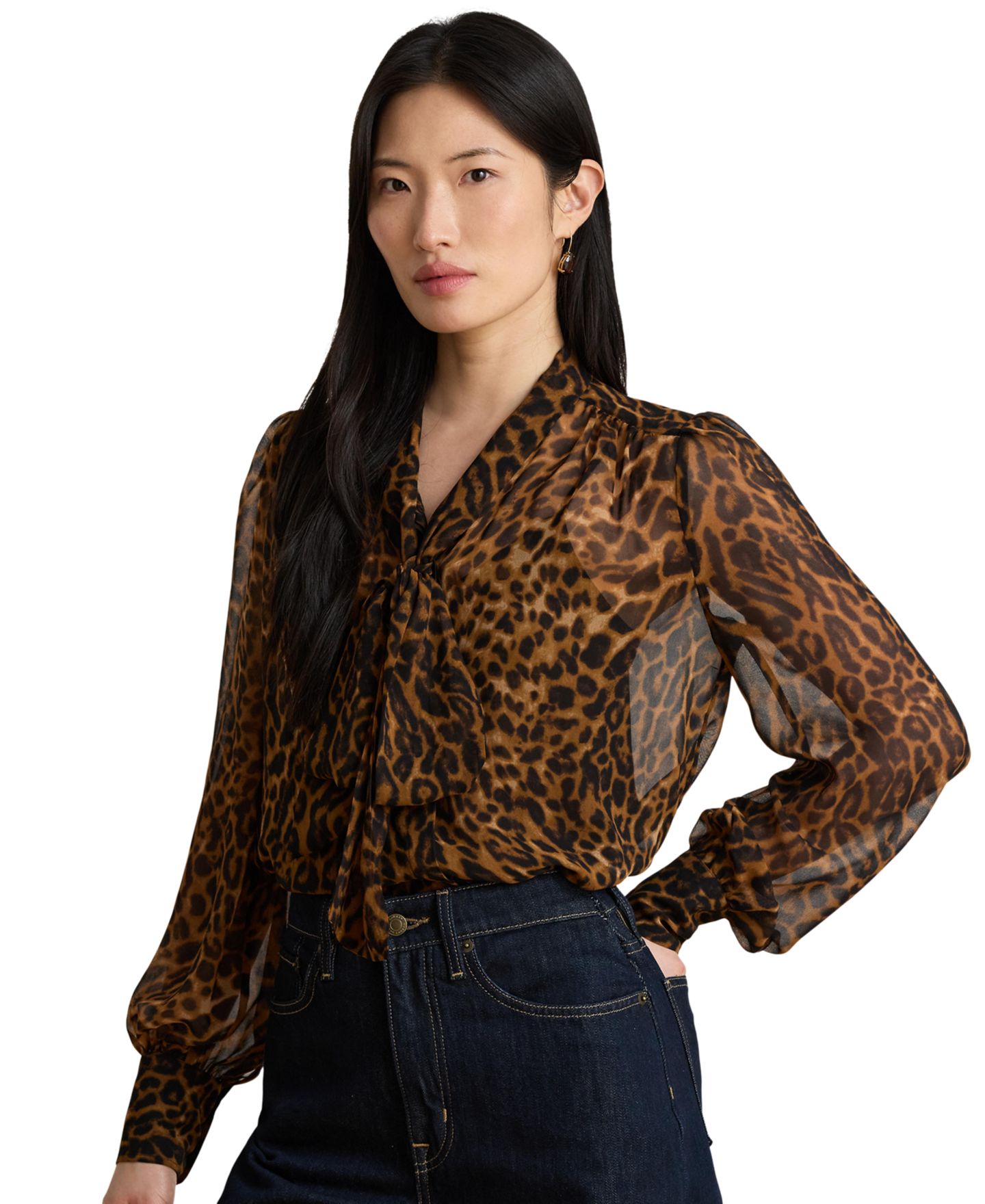 Женская блузка Lauren Ralph Lauren Ocelot-Print Chiffon Tie-Neck, цвет: Рыжевато-коричневый разноцветный — фото 3