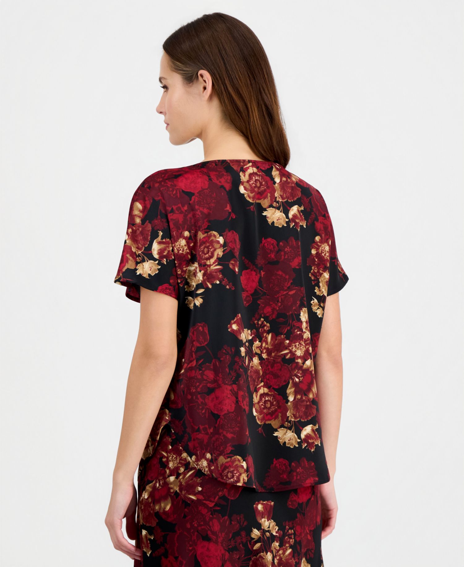 Petite Bateau Neck Floral-Print Blouse