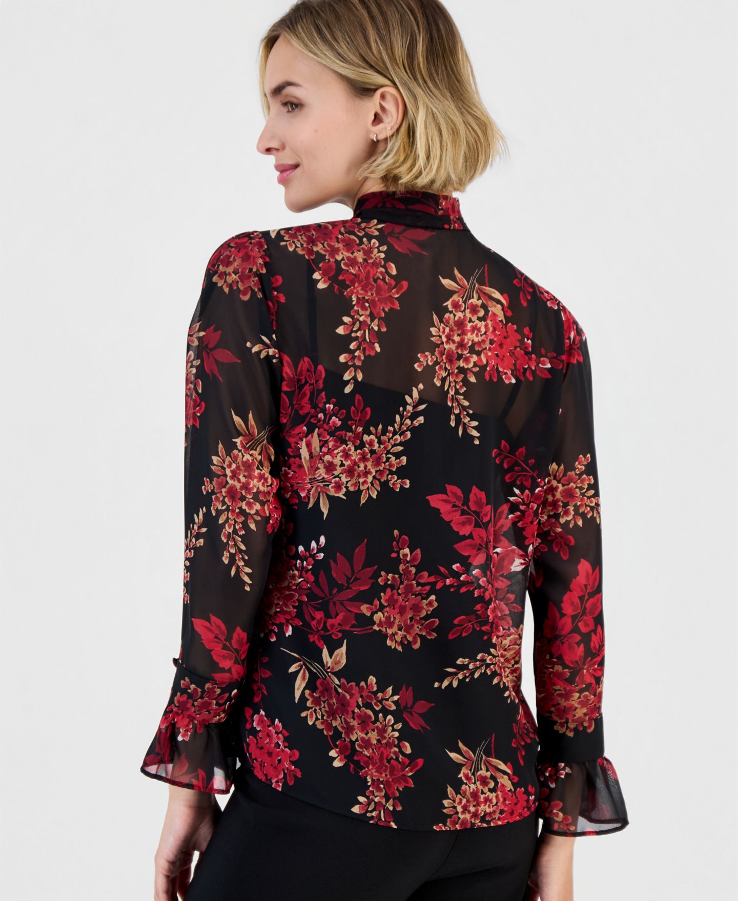 Женская блузка Anne Klein Long-Sleeve Bow-Front Floral-Print, цвет: Чёрный разноцветный — фото 4