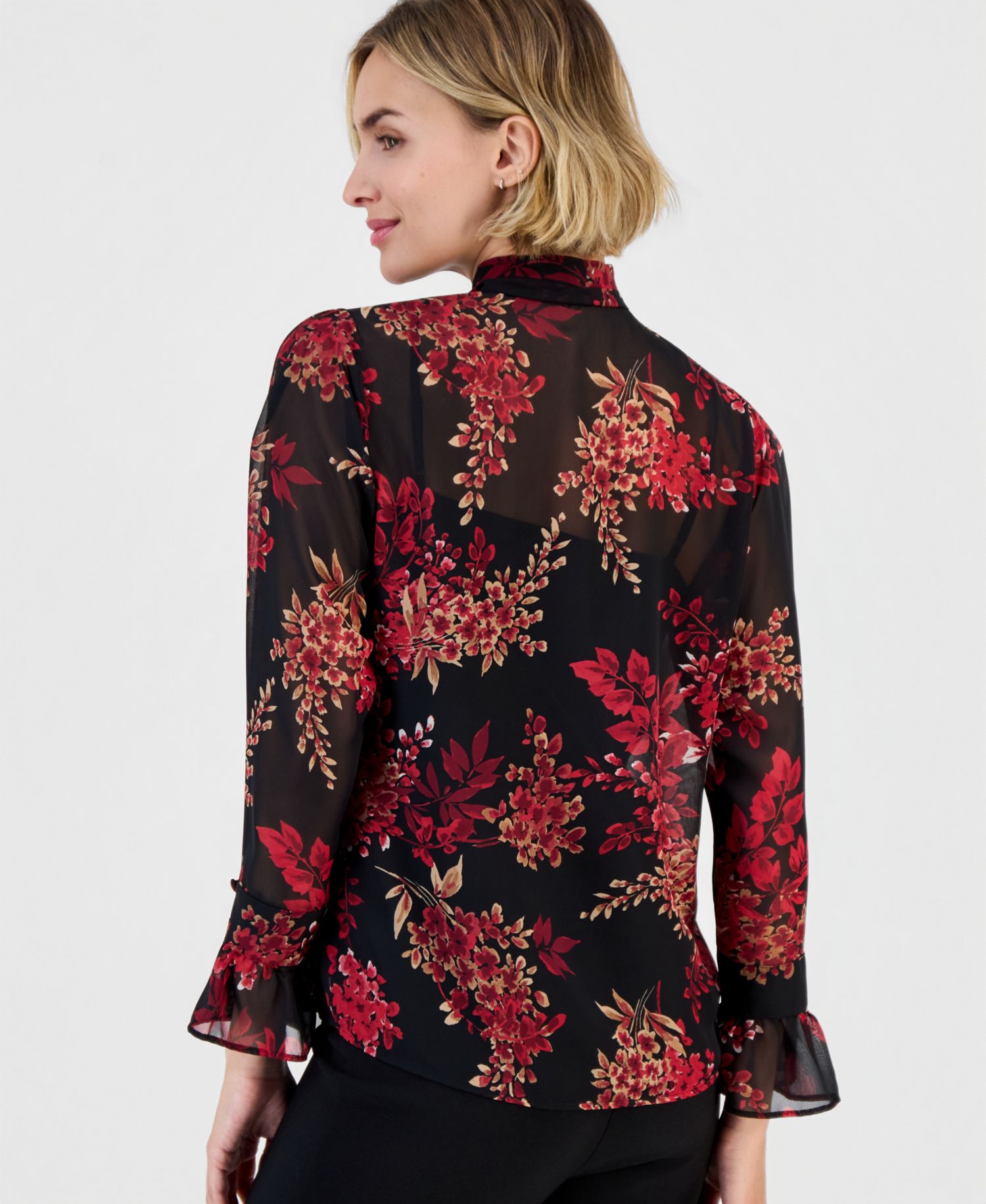 Women's Long-Sleeve Bow-Front Floral-Print Blouse