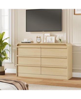 Farmhouse TV Stand for 75 Inch TV – Entertainment Center with 6 Storage Drawers and Curved Design, Wooden Media Console for Living Room