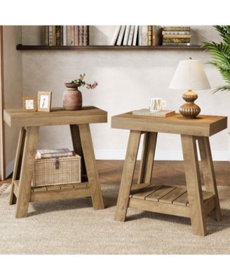2-Tier Wooden End Table Set of 2, Farmhouse Style, Rustic Grey, Small Sofa Side Table with Storage, Slim Nightstand