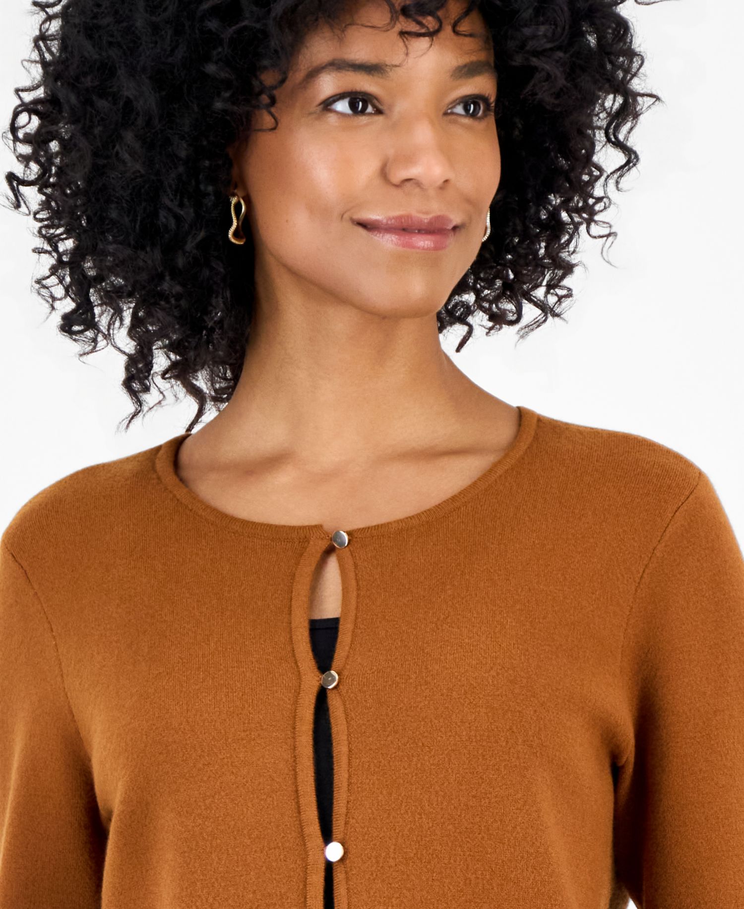 Petite Button-Front Crewneck Cardigan