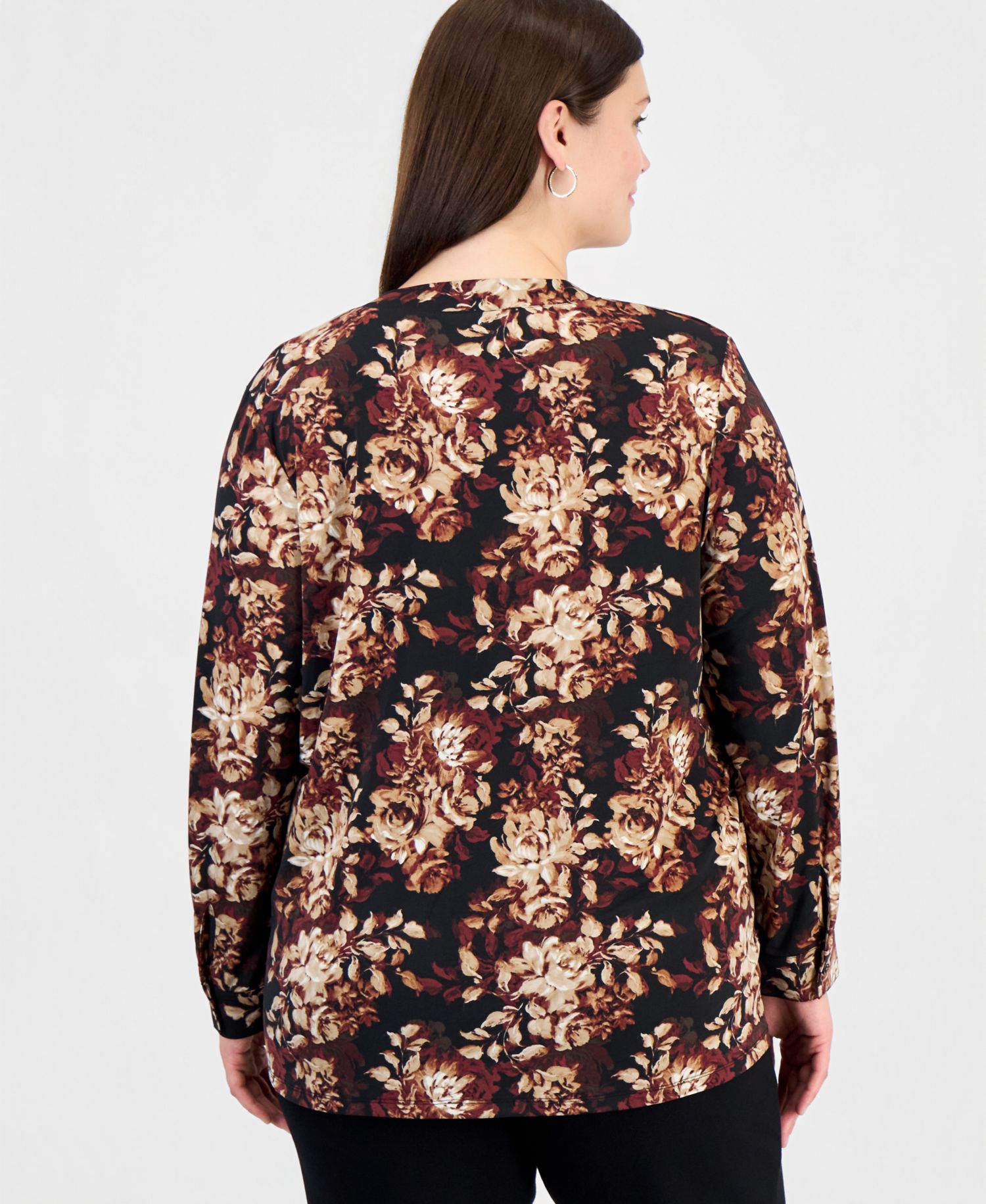 Plus Size Long Sleeve Floral Split Neck Blouse