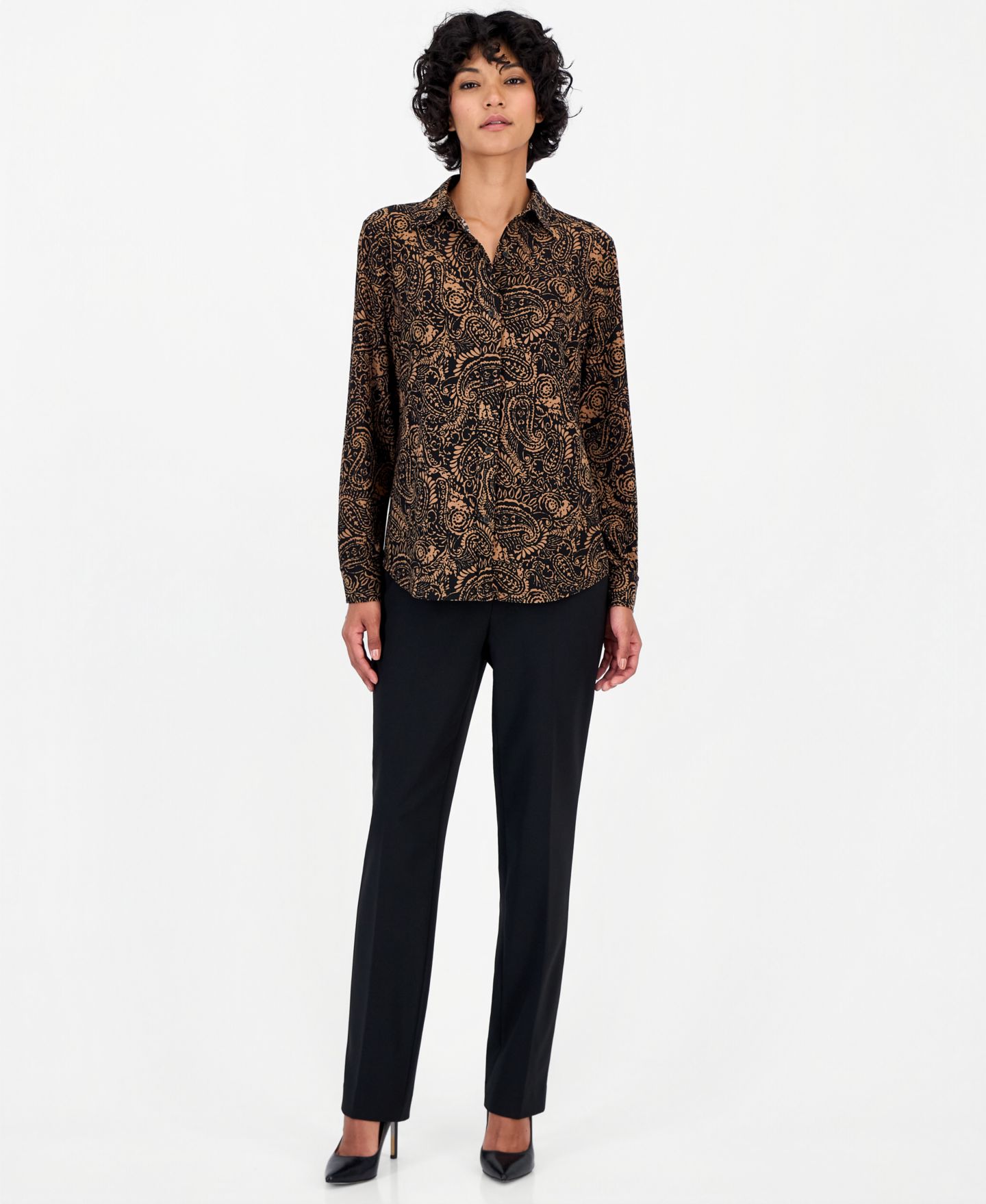 Женская рубашка Anne Klein Essentials Petite Long-Sleeve Paisley Point-Collar Button Down Shirt, цвет: Чёрный — фото 4
