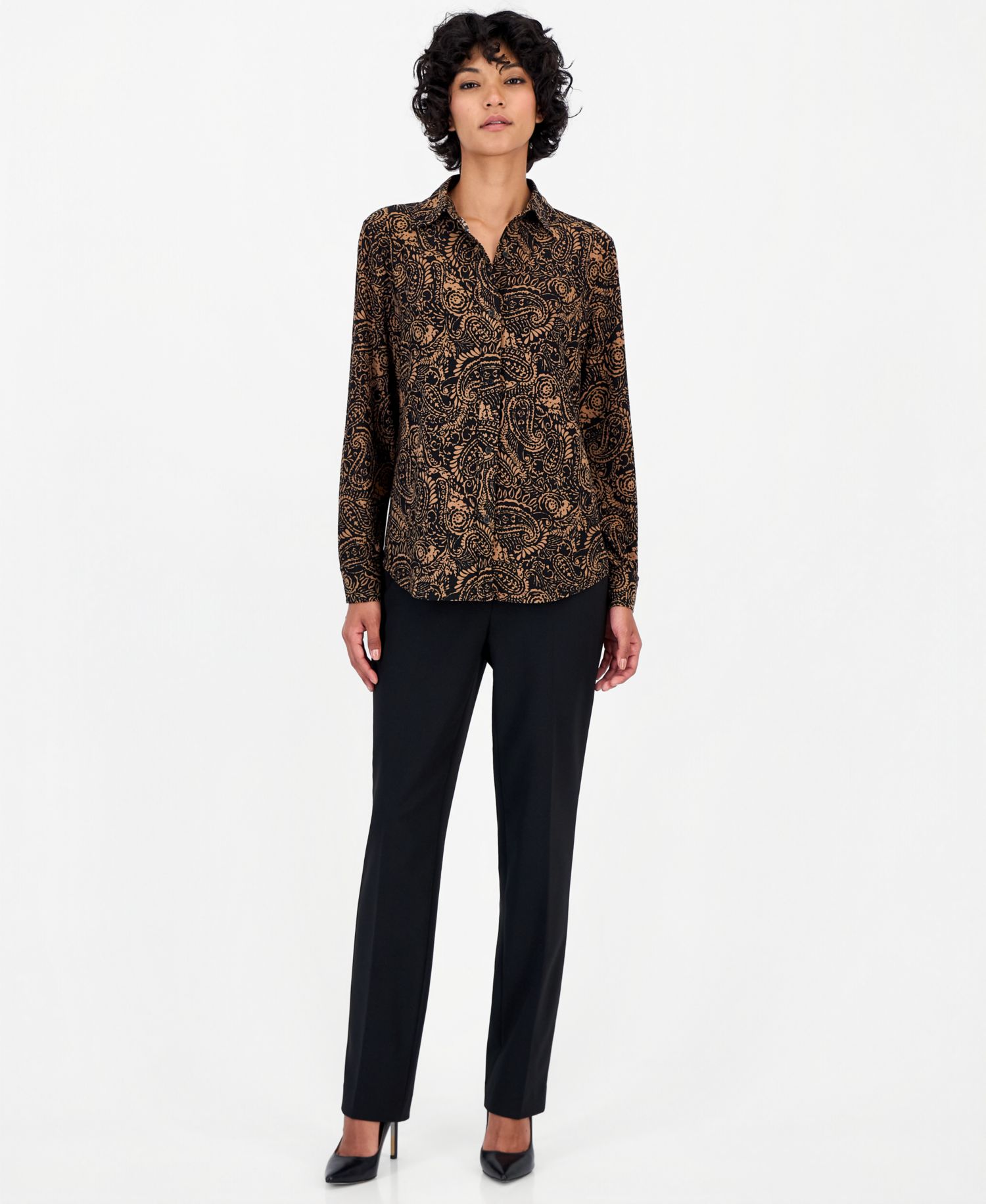 Women's Petite Long-Sleeve Paisley Point-Collar Button Down Shirt
