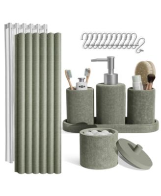 Complete Burlap Texture Polyresin Bathroom Decor and Accessory Set with Shower Curtain