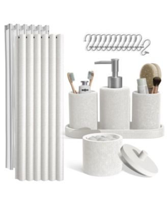 Complete Burlap Texture Polyresin Bathroom Decor and Accessory Set with Shower Curtain