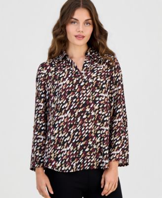 Petite V-Neck Collar 3/4-Length Roll-Tab Sleeves Blouse
