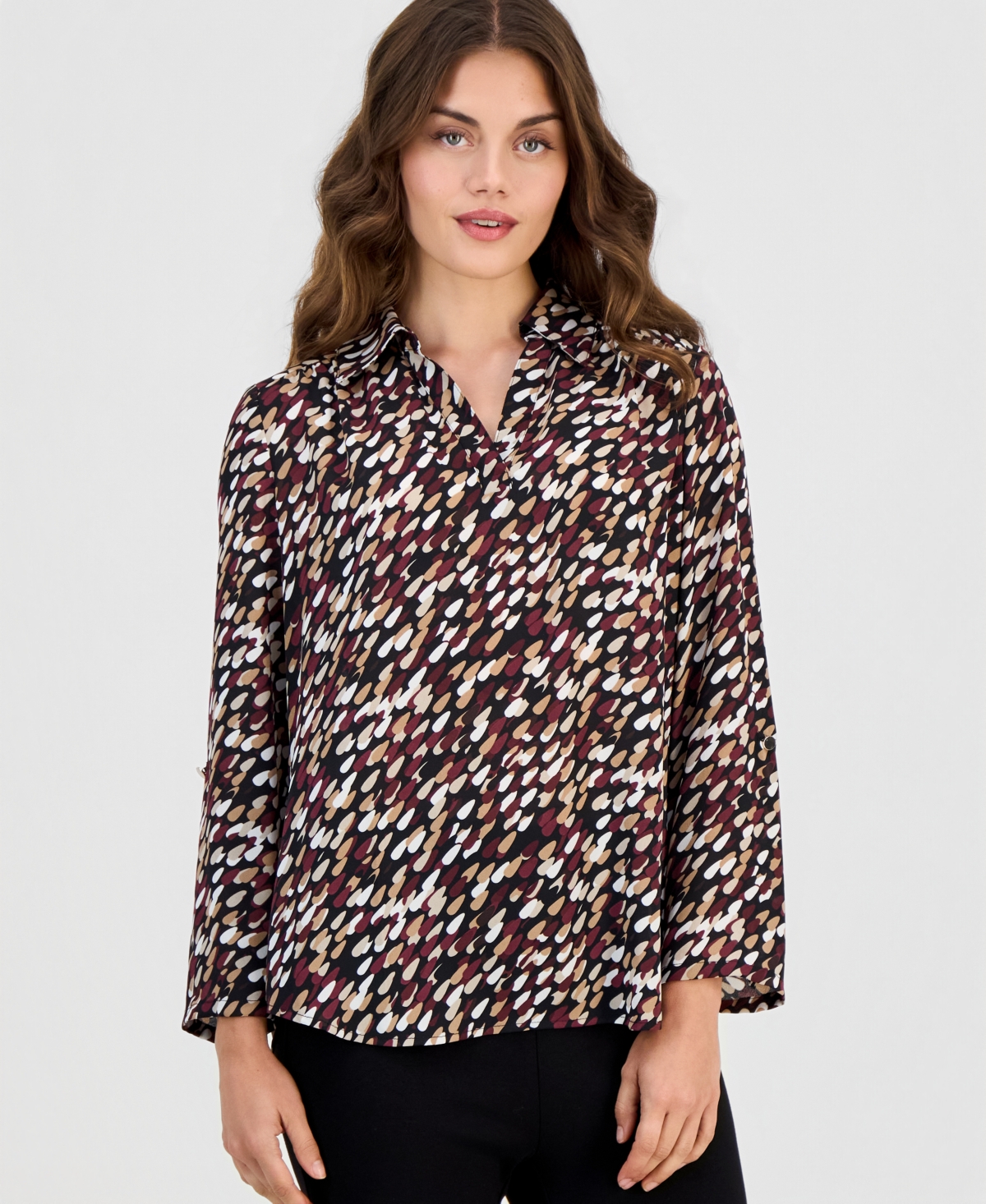 Anne Klein Essentials Petite V-Neck Collar 3/4-Length Roll-Tab Sleeves Blouse