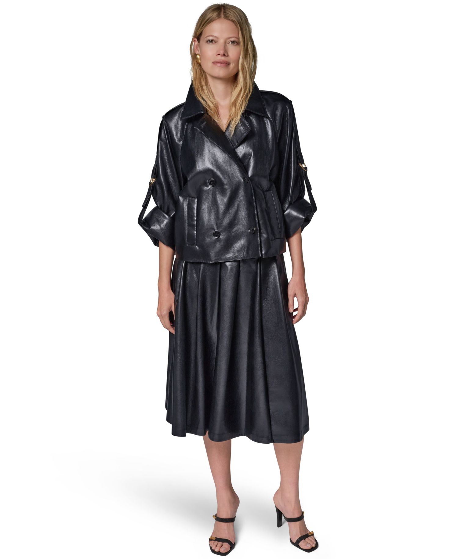 Petite Faux Leather Roll-Sleeve Collared Short Jacket
