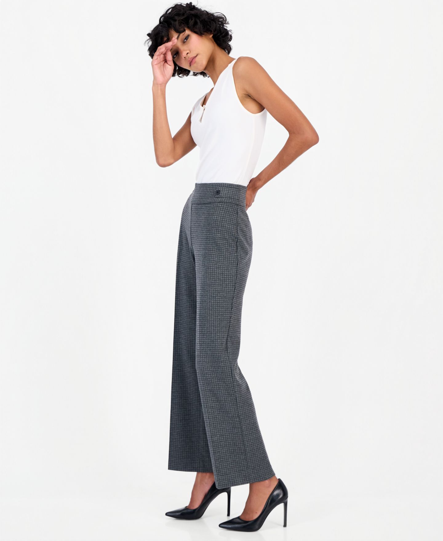 Женские брюки Anne Klein Essentials Petite Houndstooth Pull-On Wide-Leg, цвет: Меланжевый серый разноцветный — фото 4