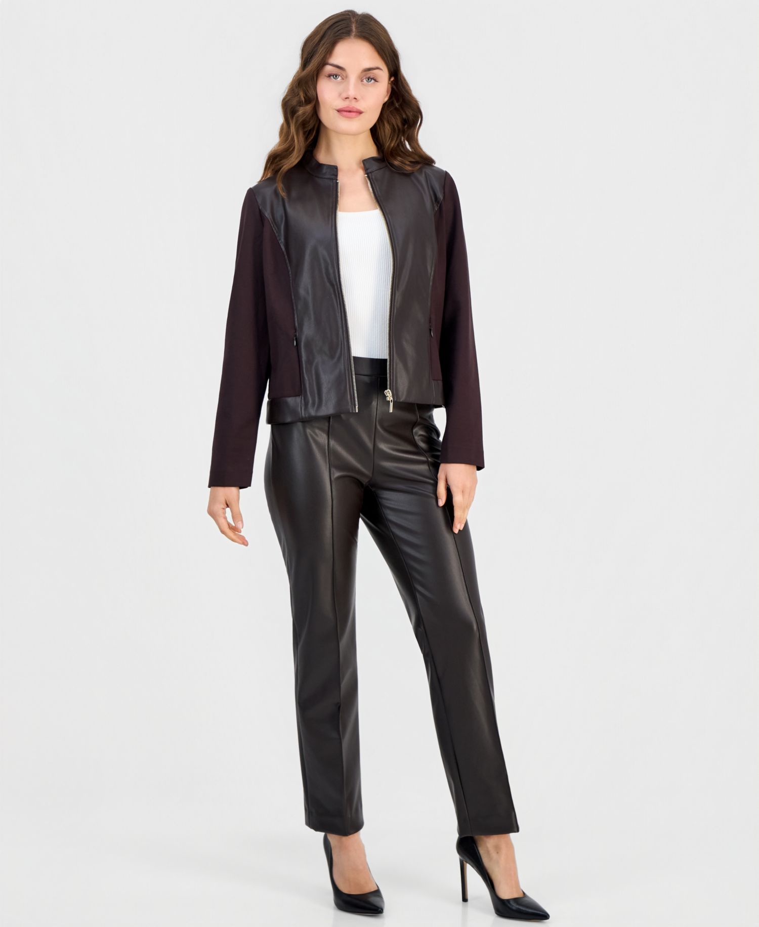 Petite Mod Moto Zipper-Front Mandarin Collar Jacket