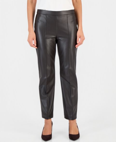 Женские брюки Anne Klein Essentials Petite Faux Leather Pull-On Pintuck, цвет: Глубокий красное дерево