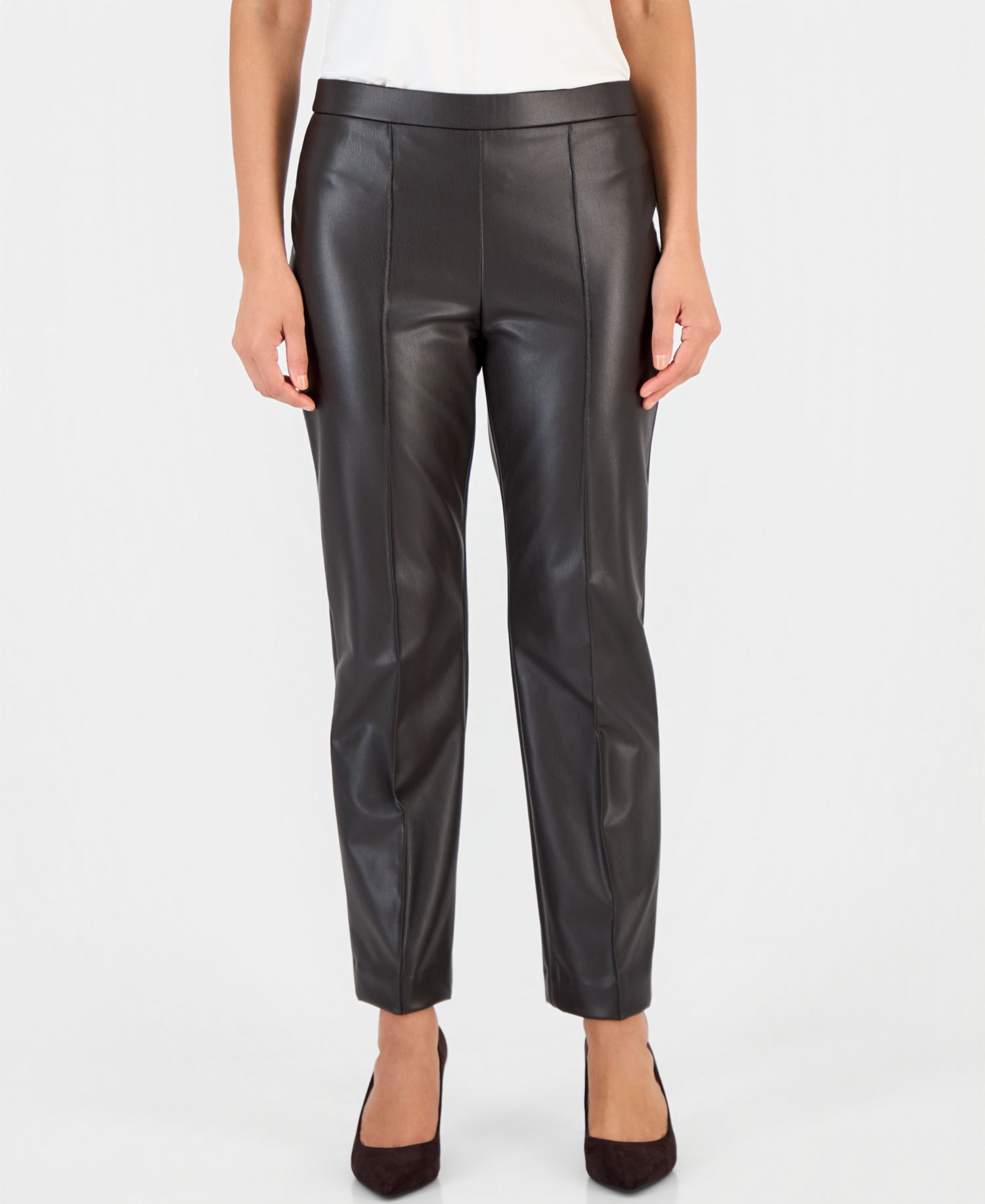 Petite Faux Leather Pull-On Pintuck Pants