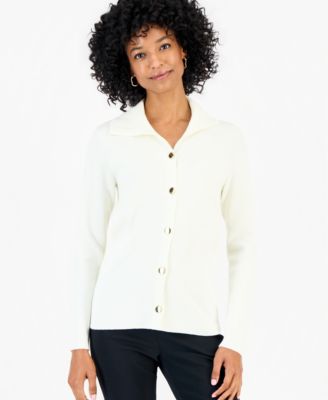 Women's Button-Collared Ribbed-Knit Cardigan