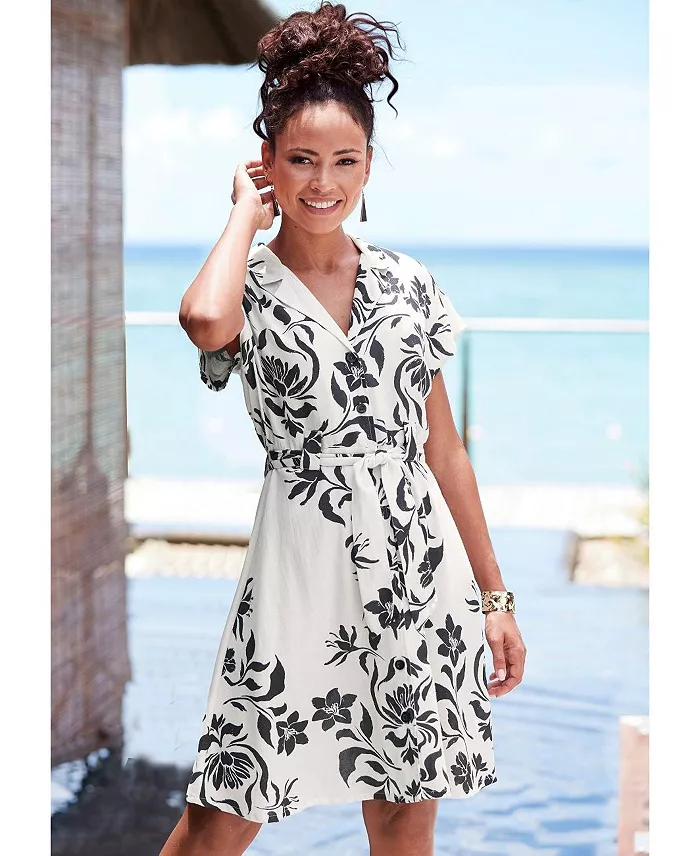 Women's Viscose Belted Button-Front Lightweight Dress - thumbnail 2