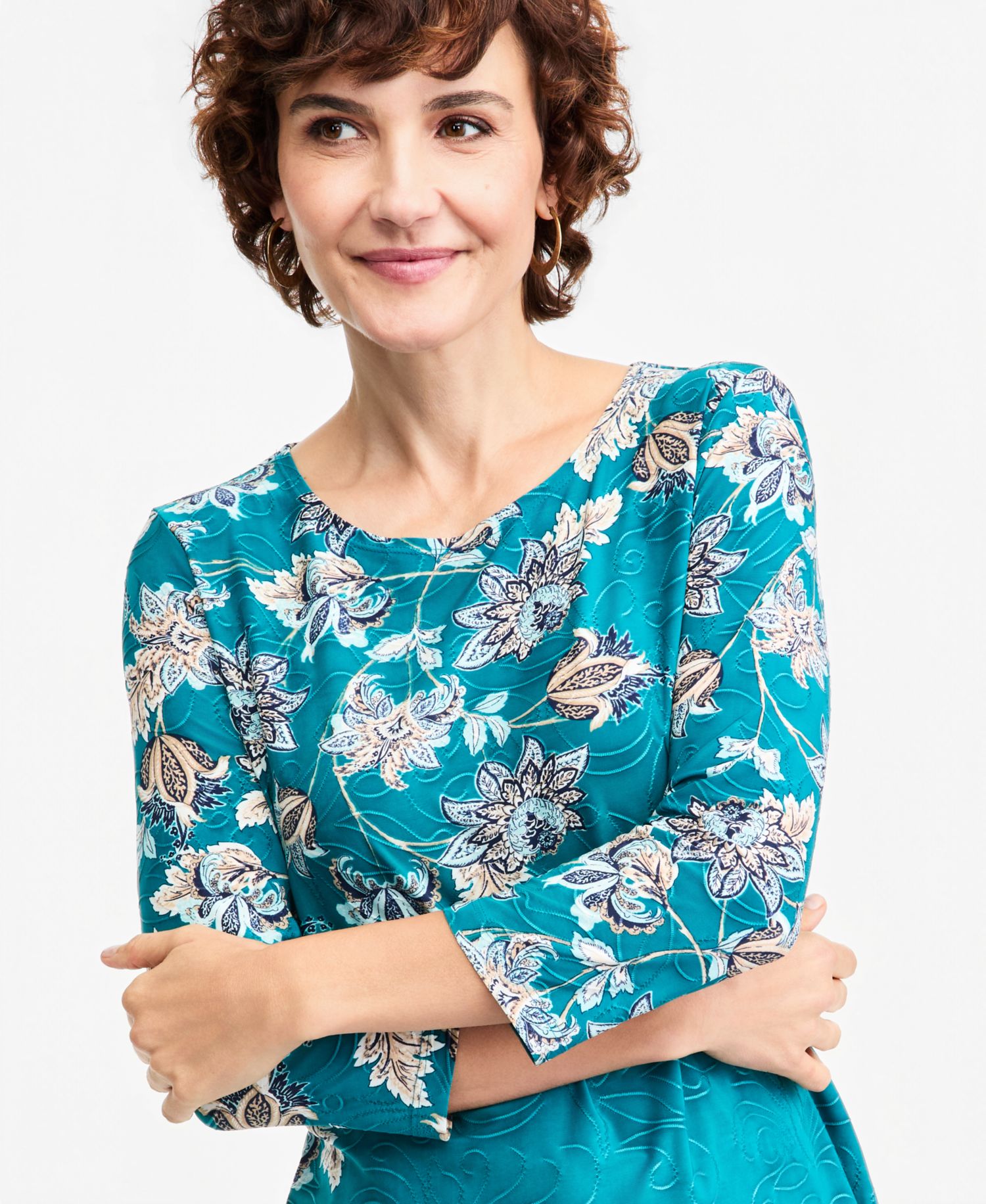 Petite 3/4-Sleeve Floral Scoop Neck T-Shirt