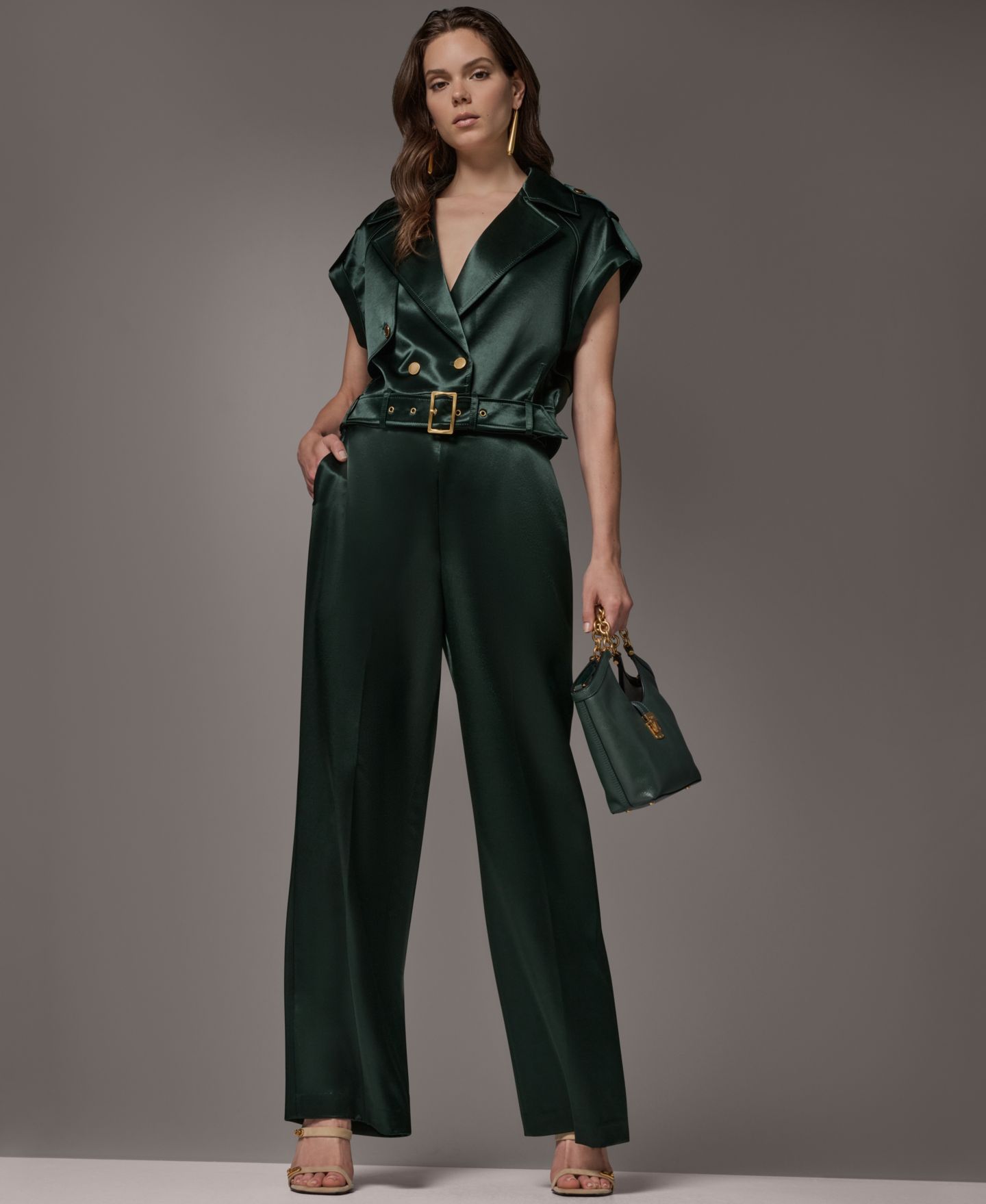 Женский жилет Donna Karan New York Luxe Drape Satin Belted Vest, цвет: Чёрный тёмно-зелёный — фото 10