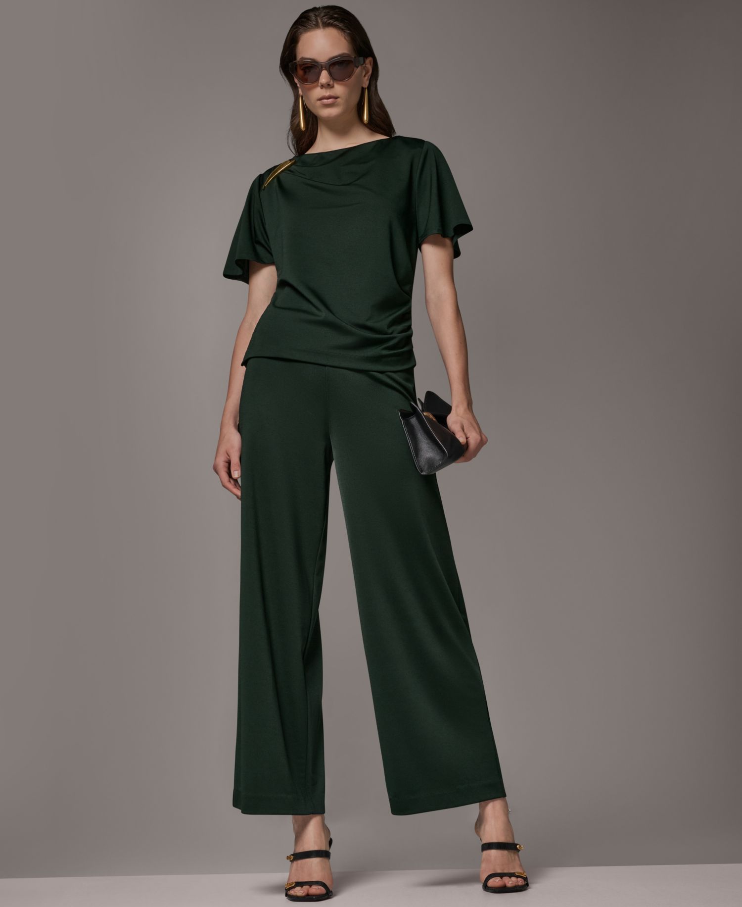 Women's Ruched Side Short-Sleeve Top & Wide-Leg Pull-On Pants