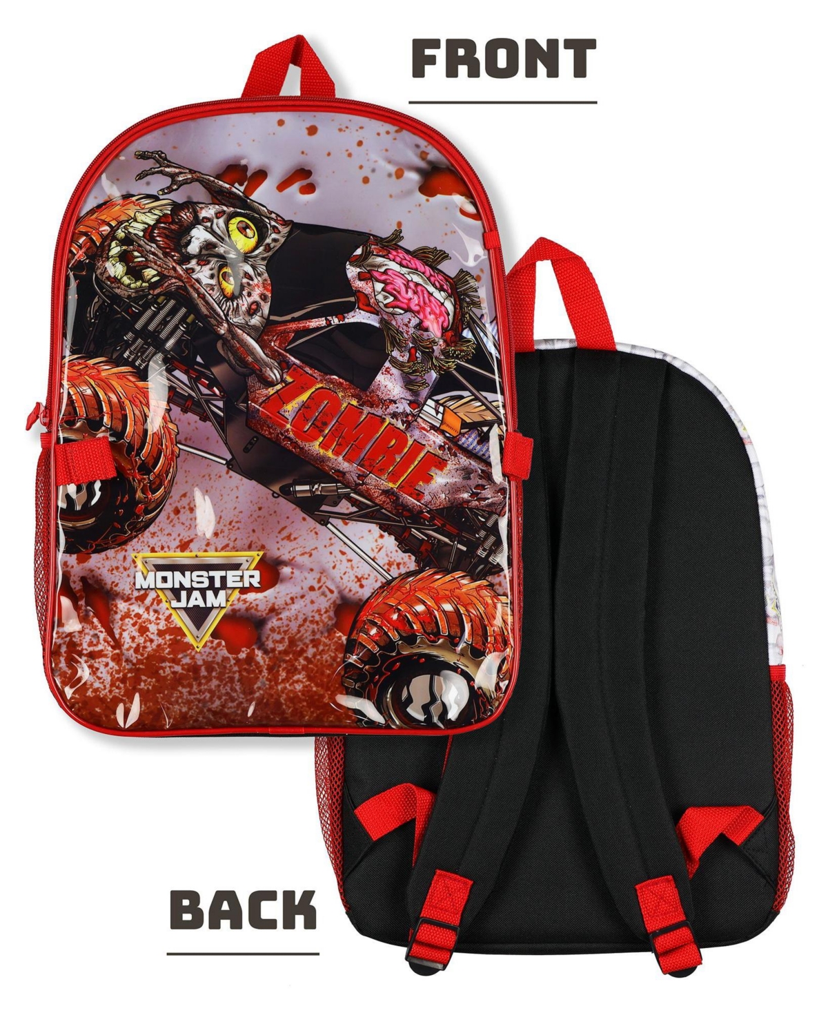 Monster Jam Zombie 5 Piece 16 Inch Backpack Set with Detachable Lunch Box Book Bag