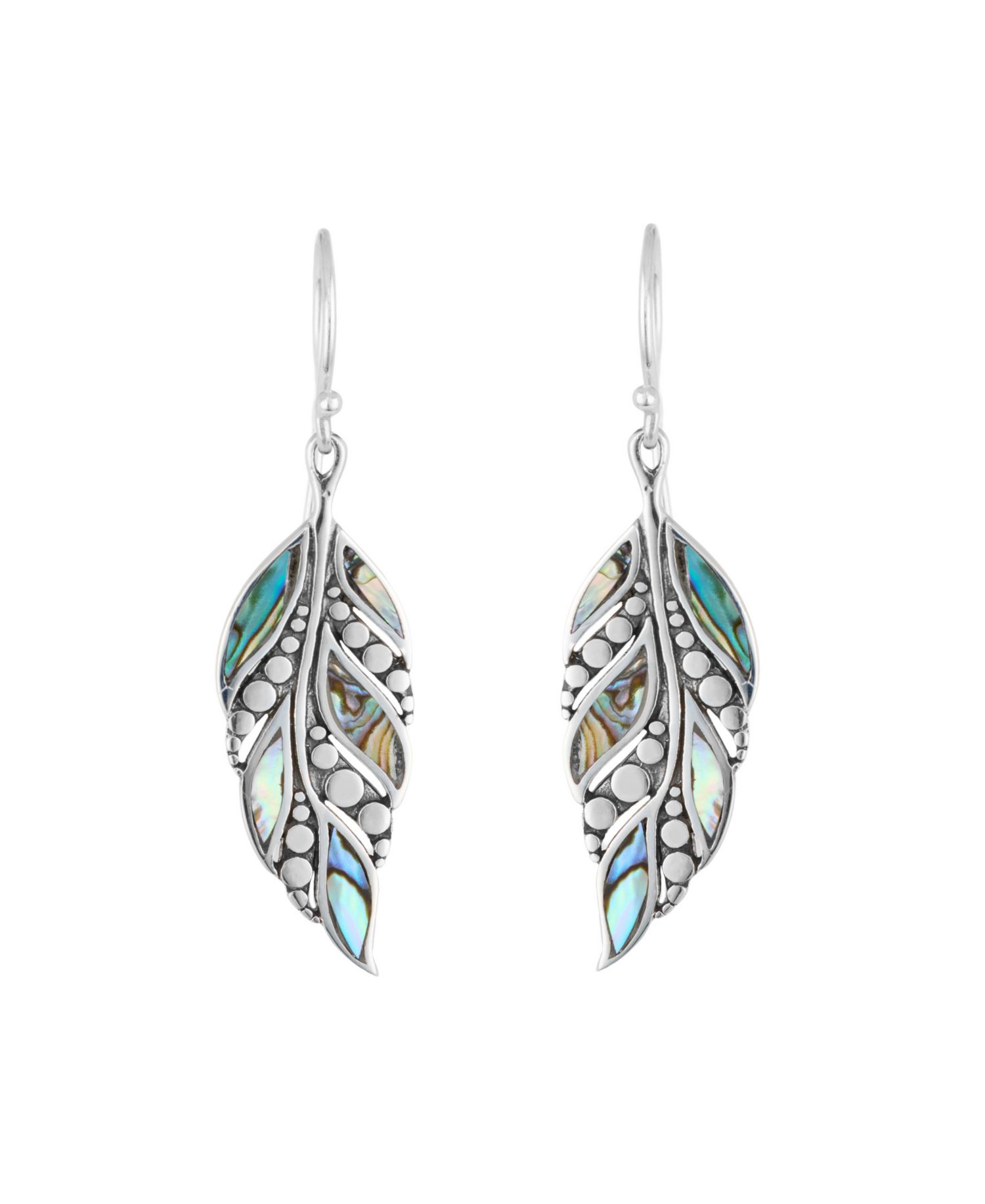 Sterling Silver Abalone Oxidized Dotted Feather Drop Earrings