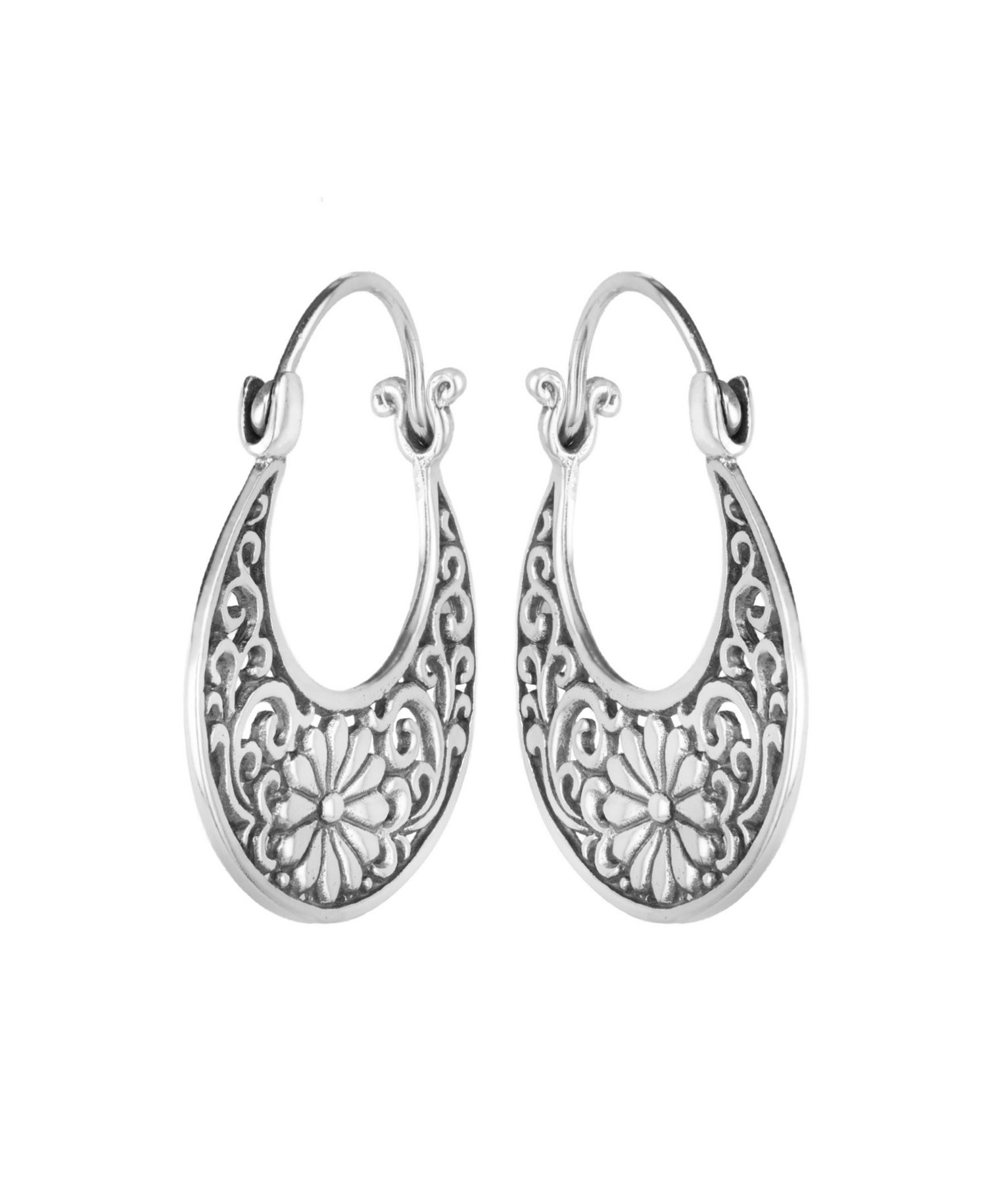 Sterling Silver Oxidized Flower Swirl 1.15" Hoop Earrings