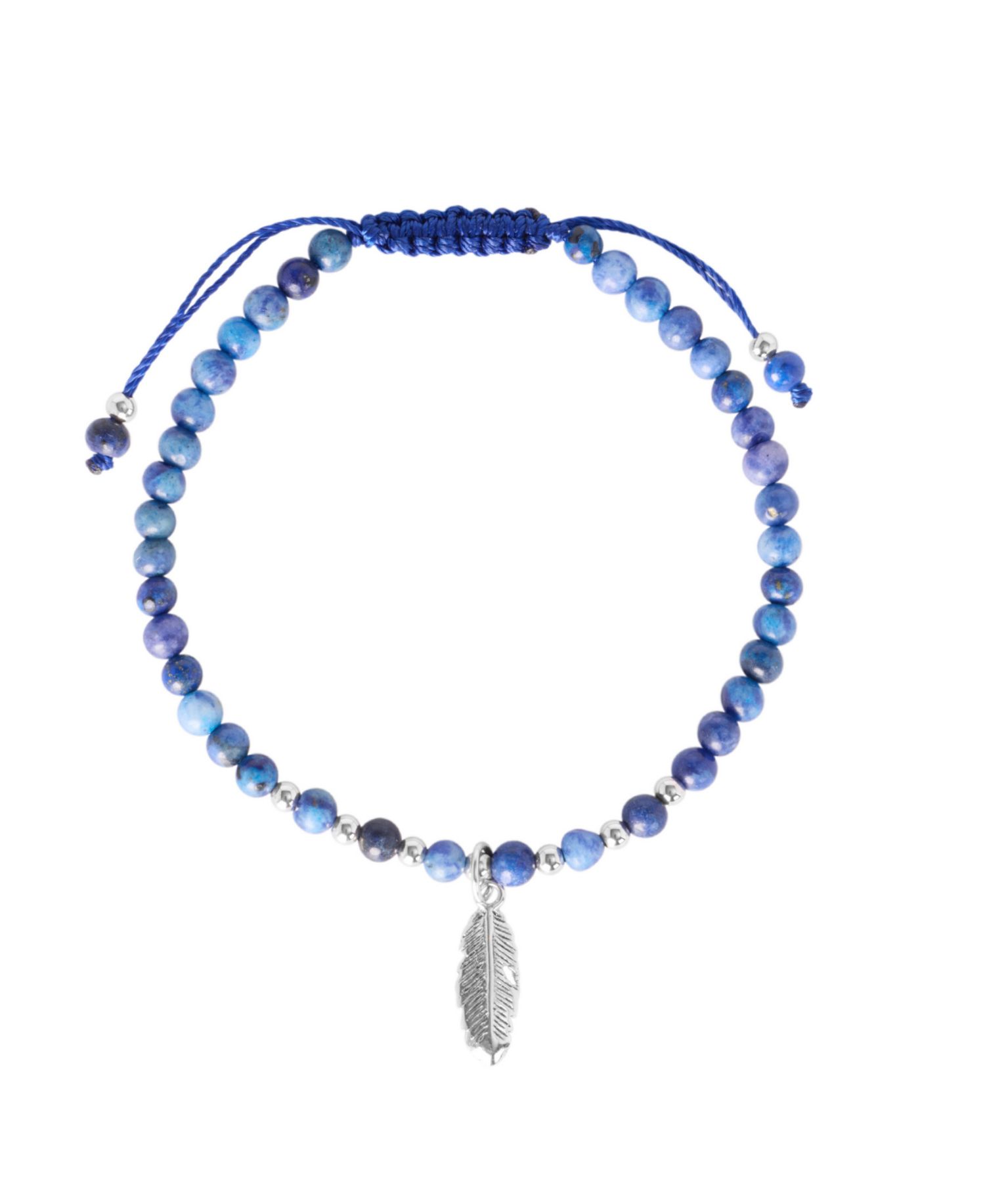 Sterling Silver Feather Charm Stone Beaded Rope Bracelet