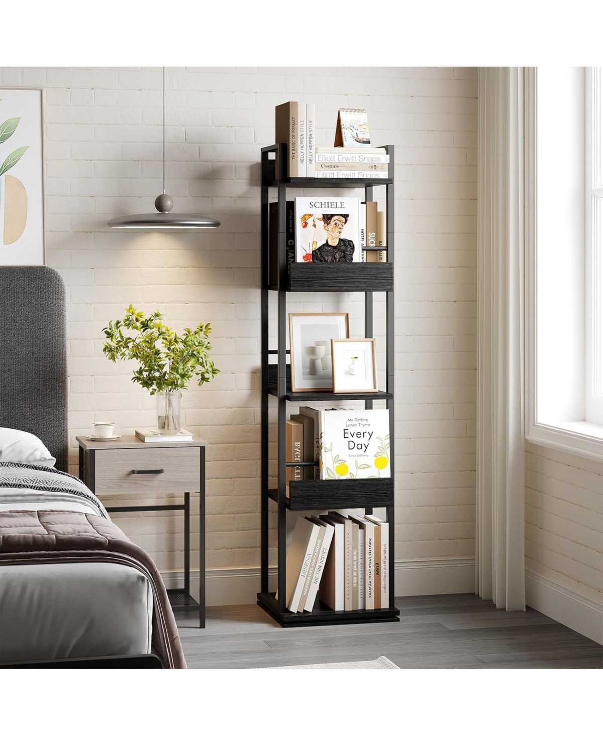 gaomon 5-Tier Rotating Corner Bookshelf Industrial Storage Wood for Small Space
