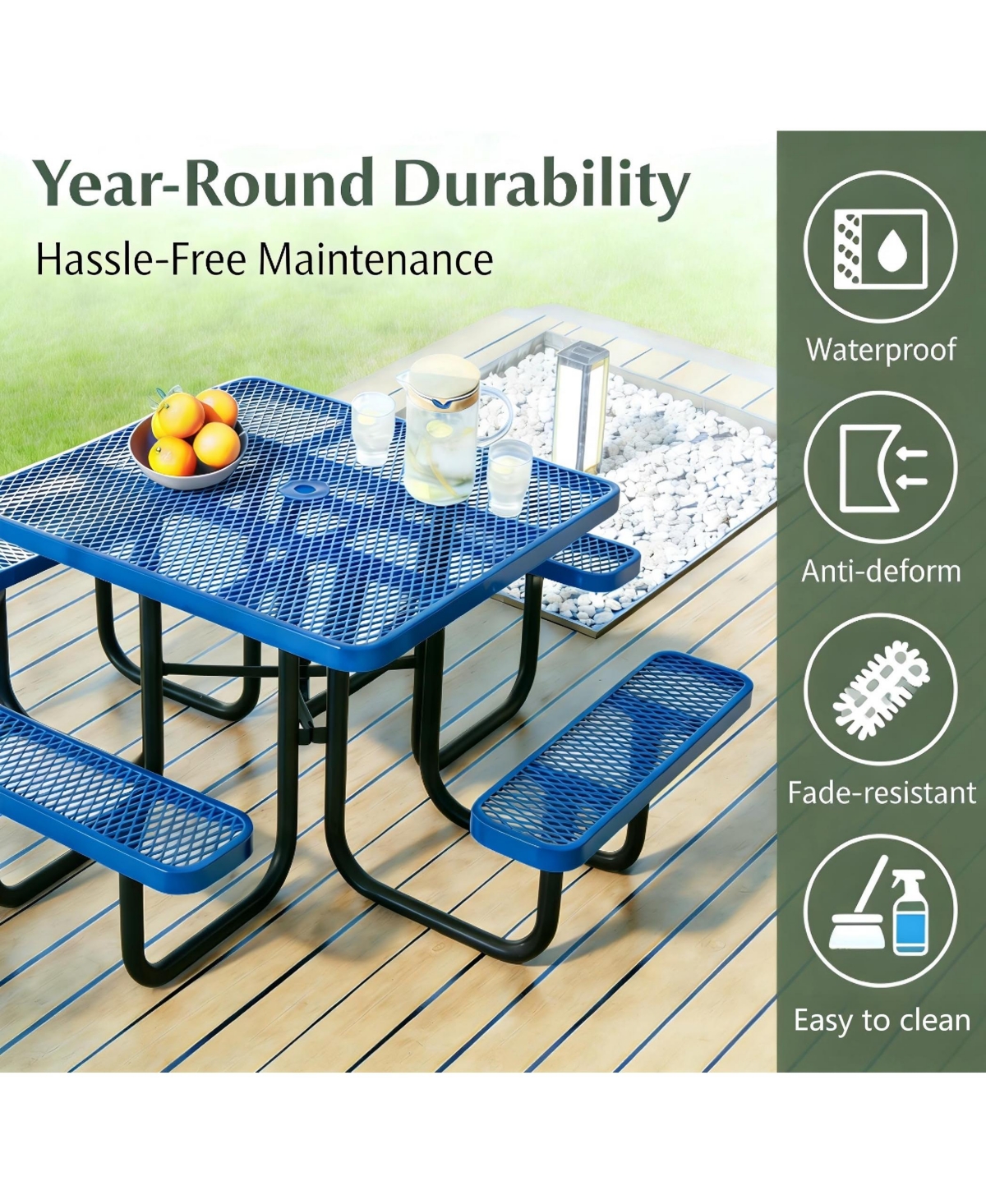 homfan Heavy Duty Metal Picnic Tables for Outdoors with Umbrella Hole, Square Top Coated Steel Commercial Grade Furniture Set Weather
