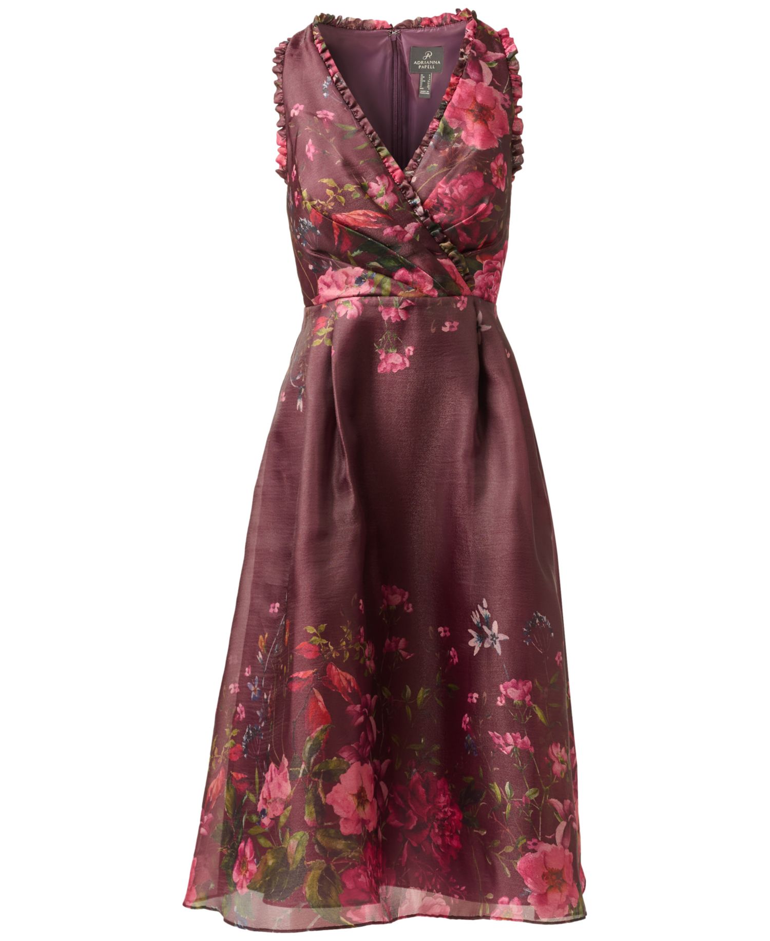 Women's V-Neck Printed Organza Midi Dress