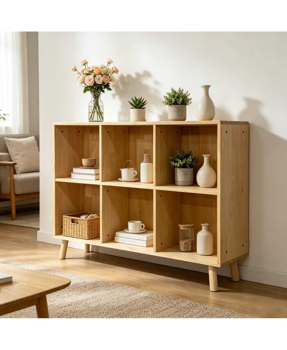 Streamdale Furniture 6-Cube Wooden Storage Shelf with Legs, Natural Solid Wood Cubby Organizer
