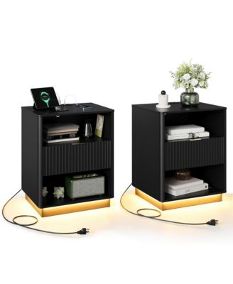 Fluted Nightstand Set of 2, Wooden Night Stand with Charging Station and LED Light, Modern Mid Century Bedside End Table with Drawer