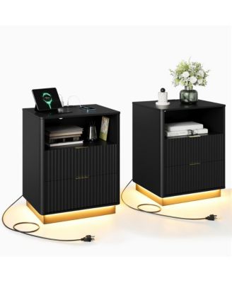 Fluted Nightstand Set of 2, Wooden Night Stand with Charging Station and LED Light, Modern Mid Century Bedside End Table with 2 Drawers