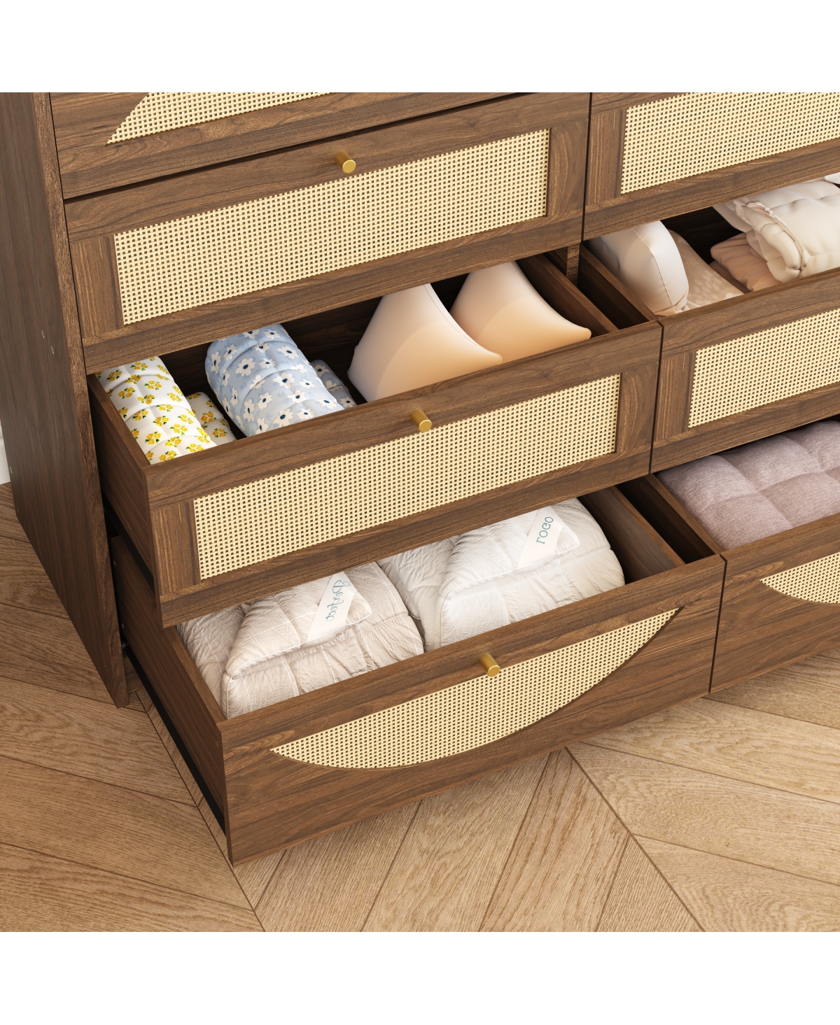 Streamdale Furniture 8-Drawer Walnut Dresser with Rattan Front