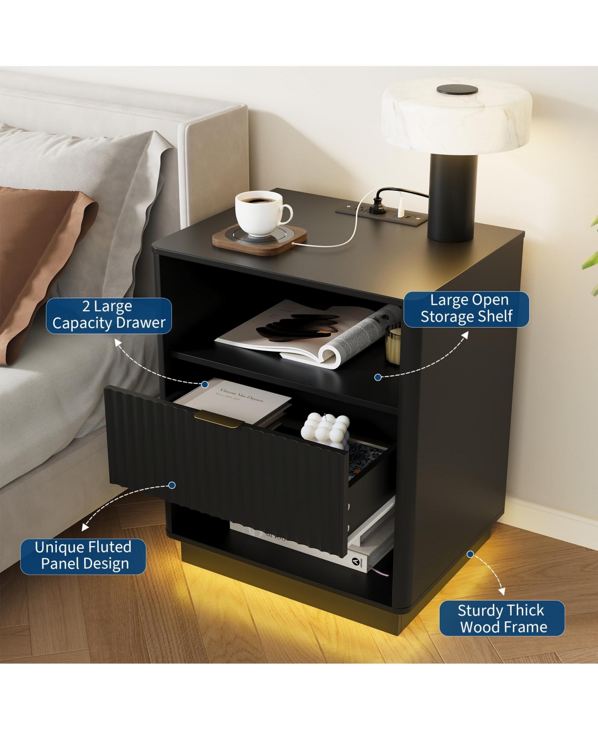 gaomon Fluted Nightstand with Charging Station, Wooden Night Stand with Led Light