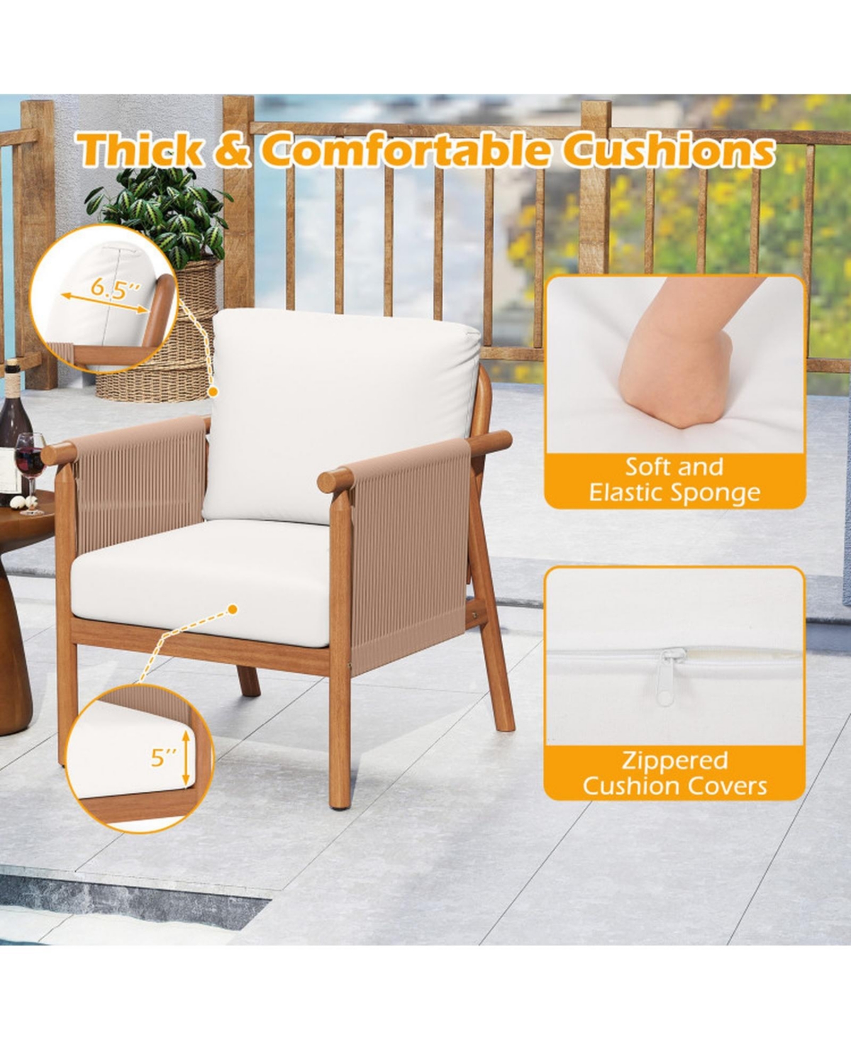 Sugift Set of 2 Acacia Wood Patio Chairs with Woven Rope Armrests and Seat Back Cushions