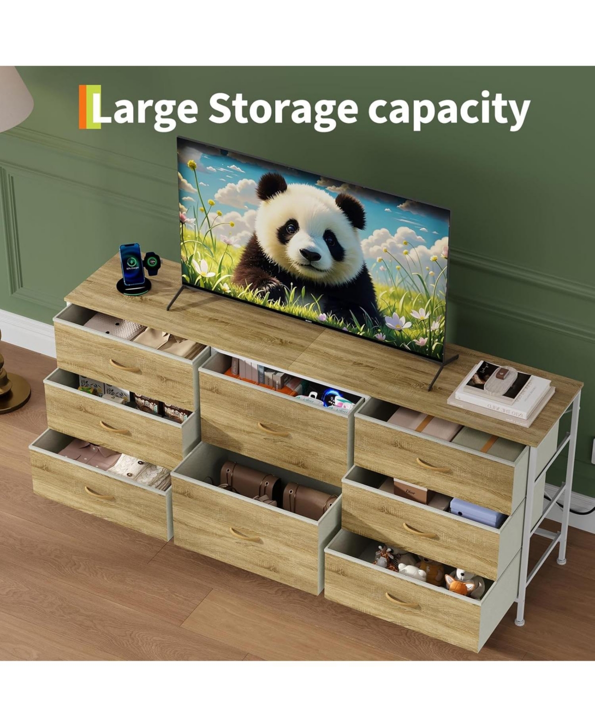 gaomon 8 Drawer Fabric Dresser Tv Stand with Wooden Top, Metal Frame Storage Chest, Wide Closet Organizer for Bedroom, Living Room, Hallway