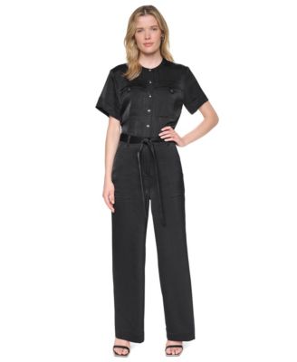 Women's Collared Short-Sleeve Button-Front Jumpsuit