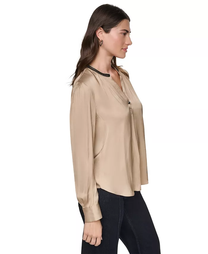 Women's V-Neck Satin Long-Sleeve Top - thumbnail 3