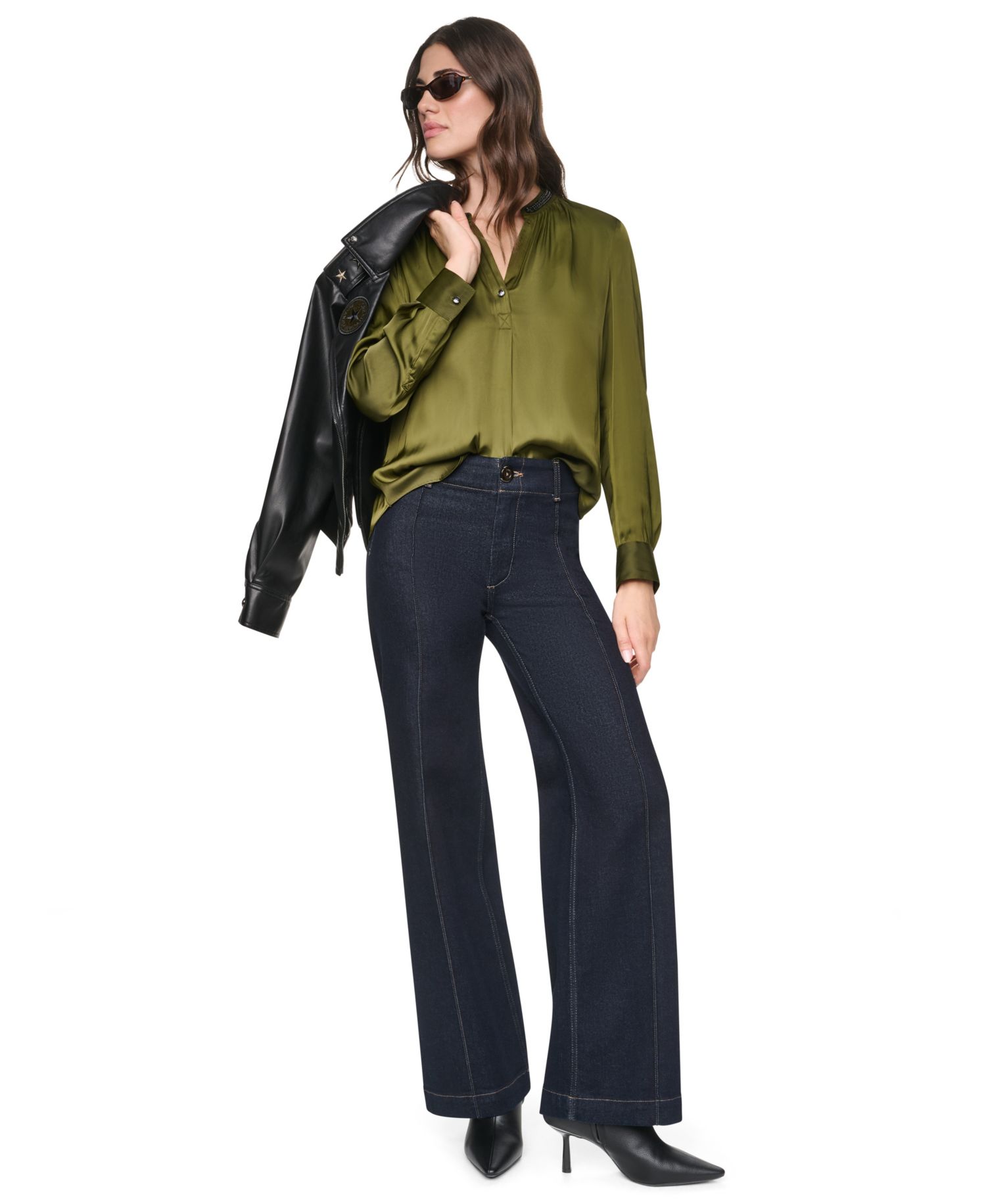 Women's V-Neck Satin Long-Sleeve Top
