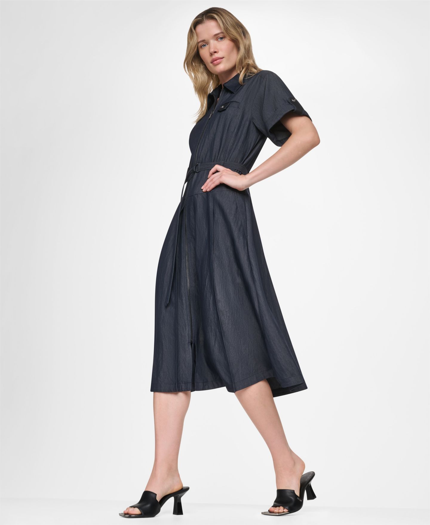 Женское платье DKNY Collared Short-Sleeve Removable Belt Midi, цвет: Тёмный индиго варёный — фото 9