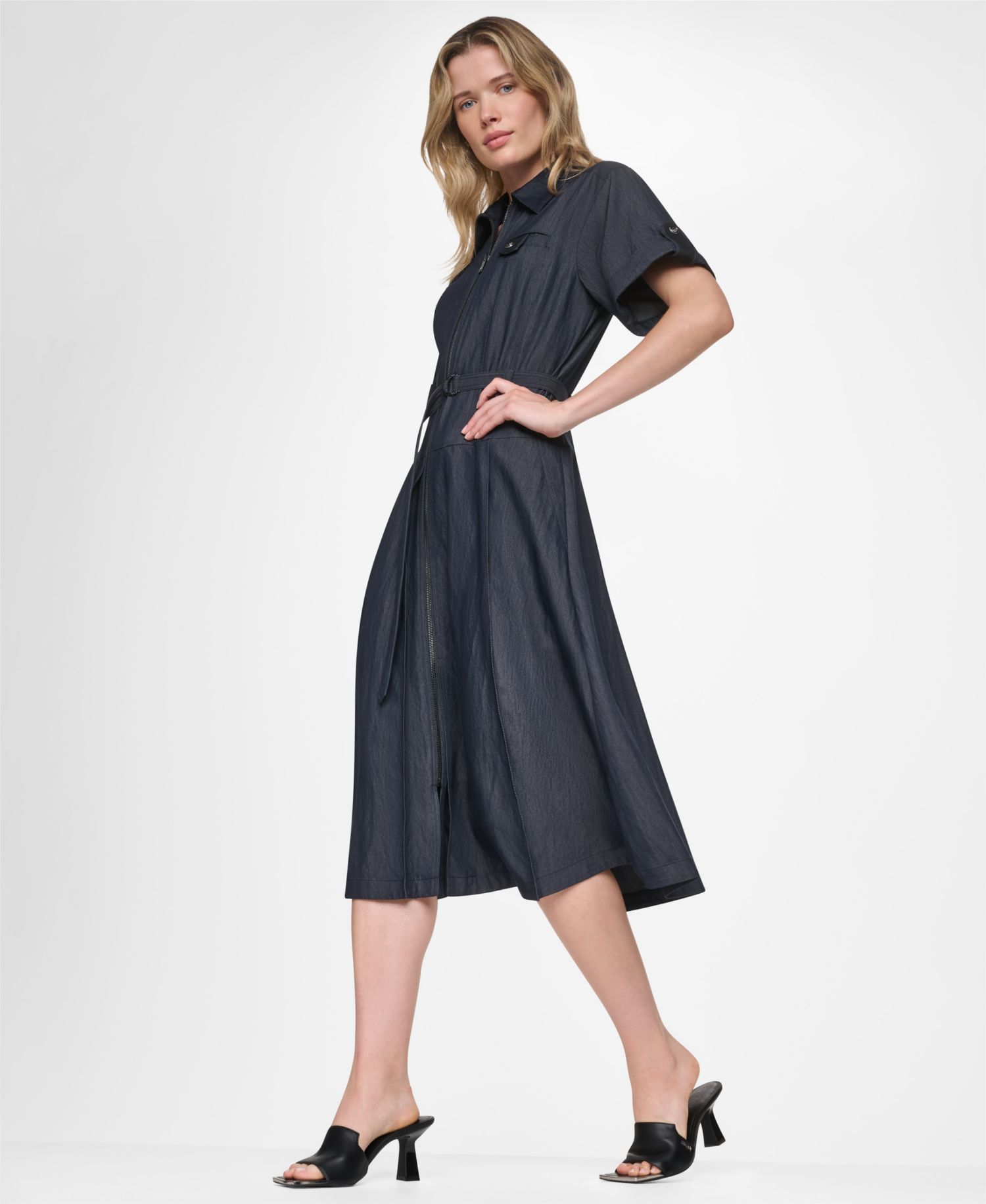 Women's Collared Short-Sleeve Removable Belt Midi Dress