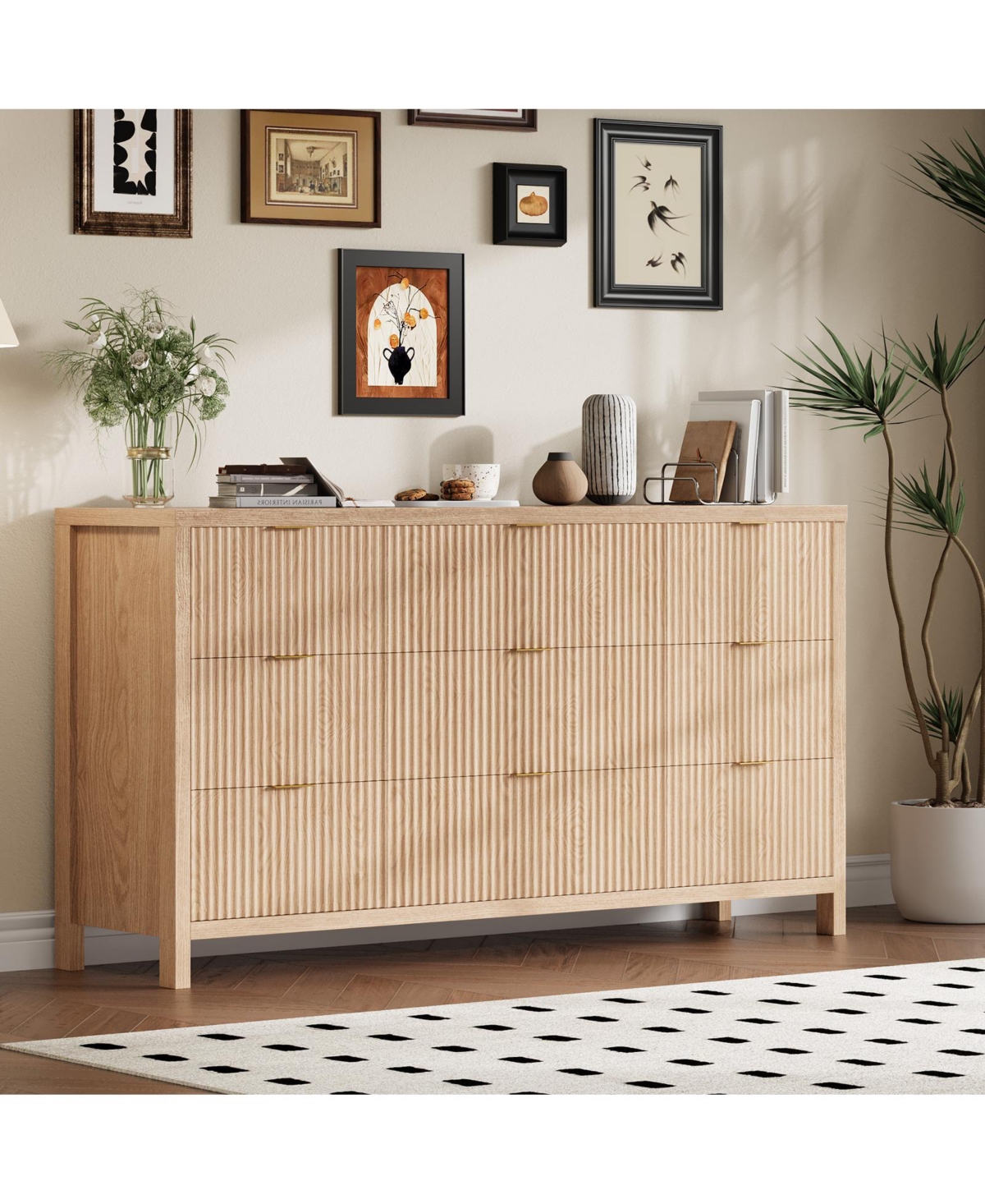 homfan 9 Drawer Dresser with Fluted Front and Metal Handles for Bedroom, Closet, Living Room, Apartment
