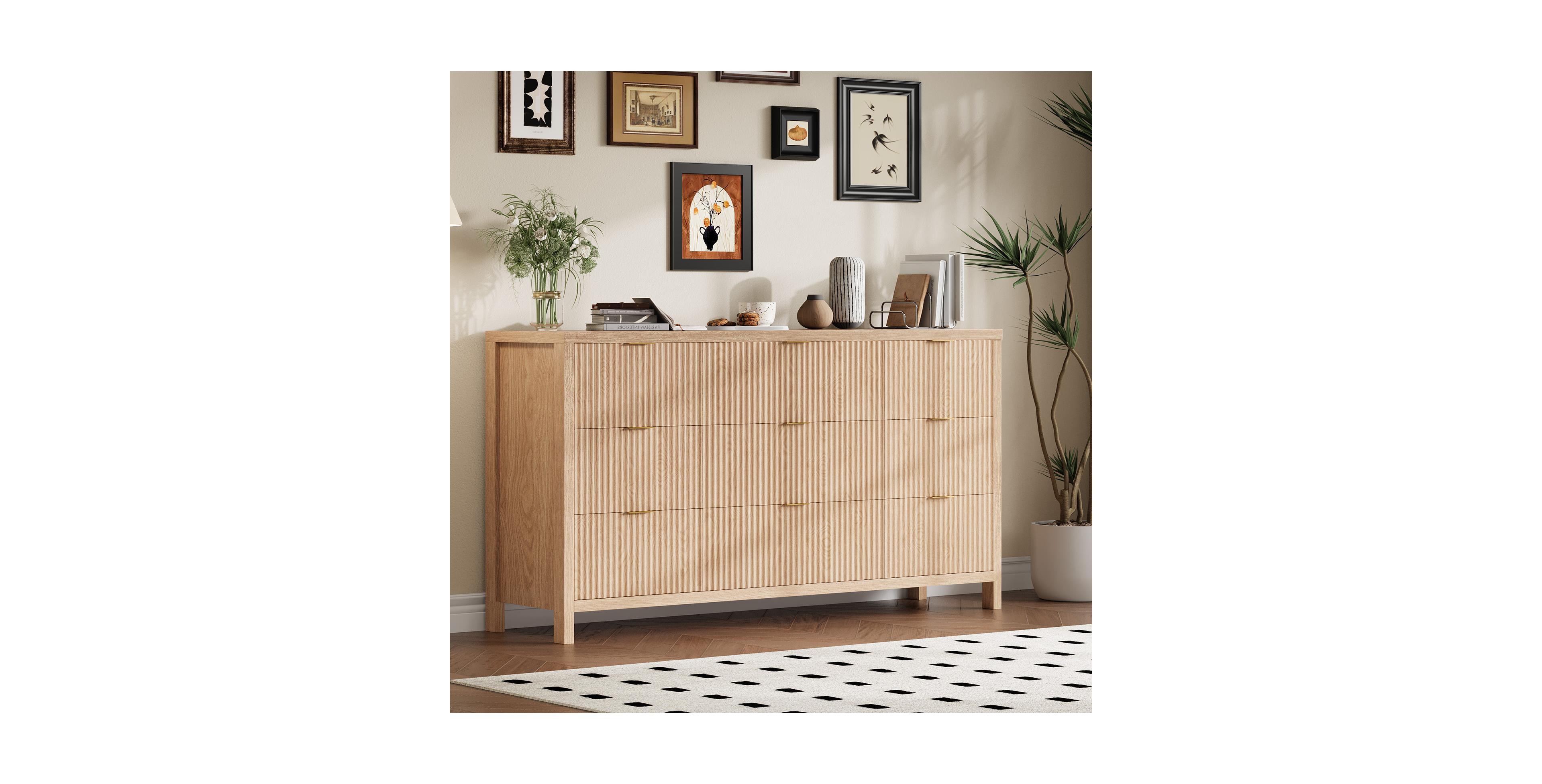 homfan 9 Drawer Dresser with Fluted Front and Metal Handles for Bedroom, Closet, Living Room, Apartment